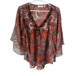 Studio JPR Womens‎ Paisley Chiffon Blouse Beaded Embellished V-Neck Kimono Top S